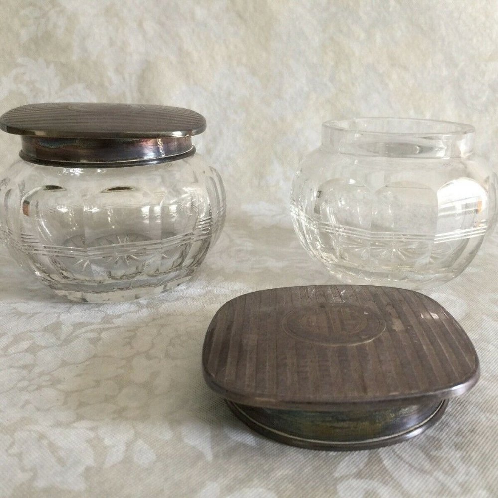 Vintage Sterling Lid Cut Glass Crystal Vanity Jars